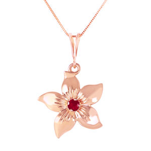 14K. SOLID GOLD FLOWER NECKLACE WITH NATURAL RUBY (Rose Gold)